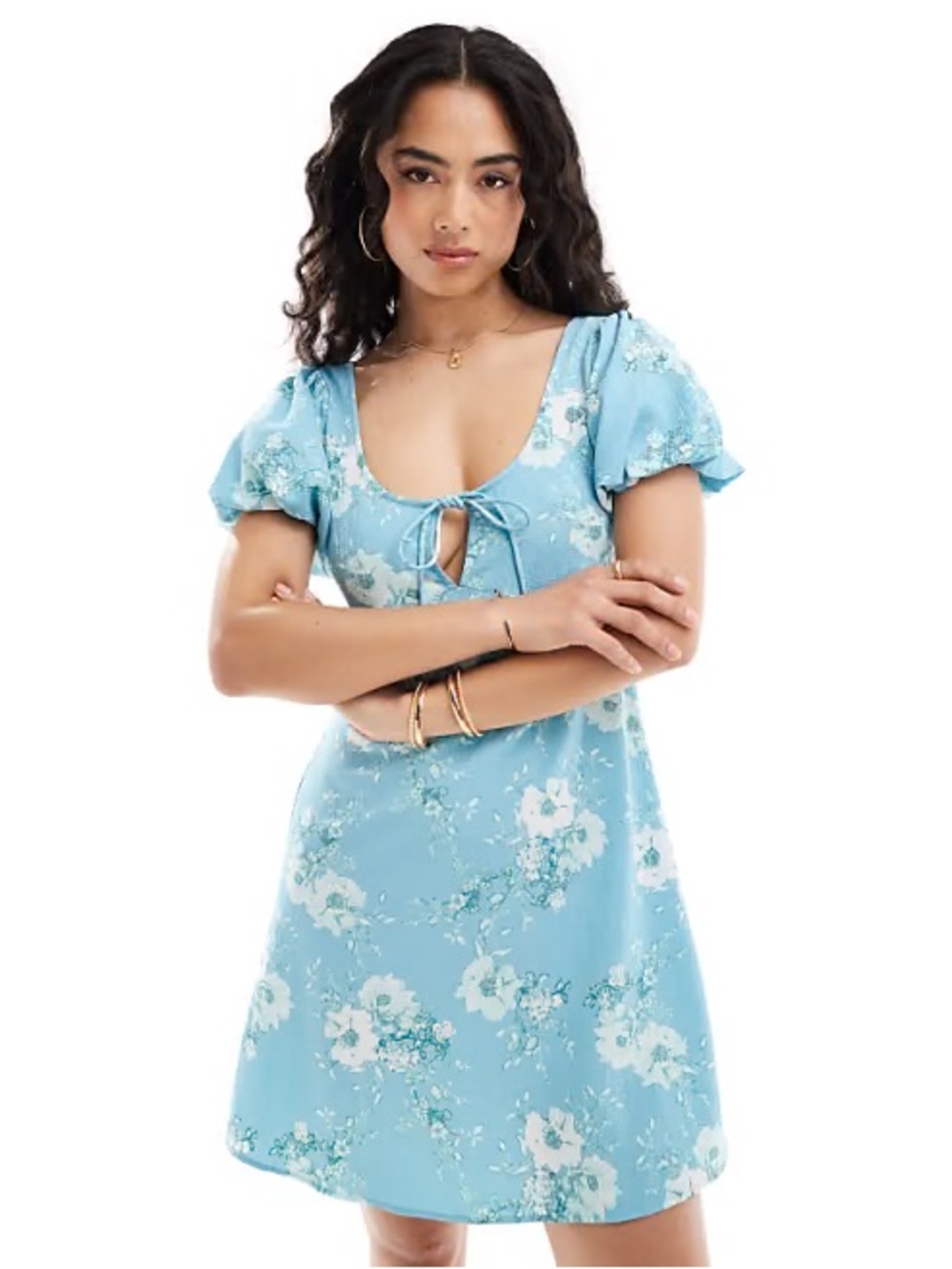 ASOS Design 8 Blue Puff Sleeve Mini Tea Dress in Floral Print